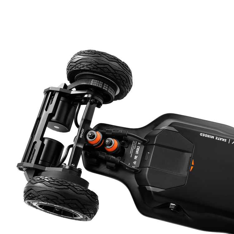 EXWAY® Atlas Pro All-Terrain Electric Skateboard close up of underside of front wheels